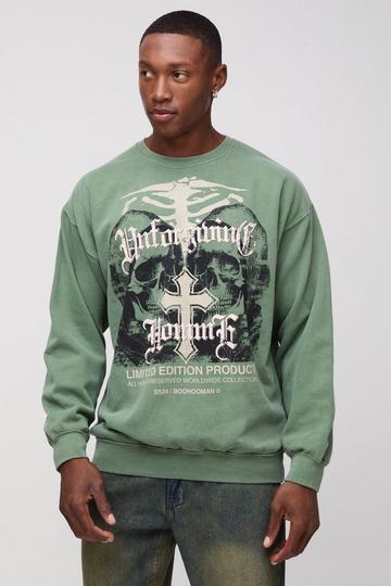 Oversized Washed Gothic Skull Puff Print Graphic Sweatshirt khaki