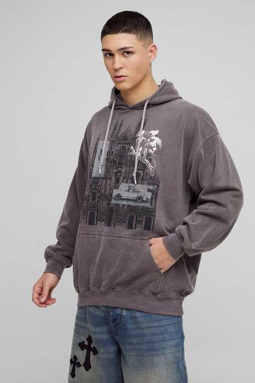 Oversized Washed Raw Hem Distressed Gothic Graphic Hoodie mahogany