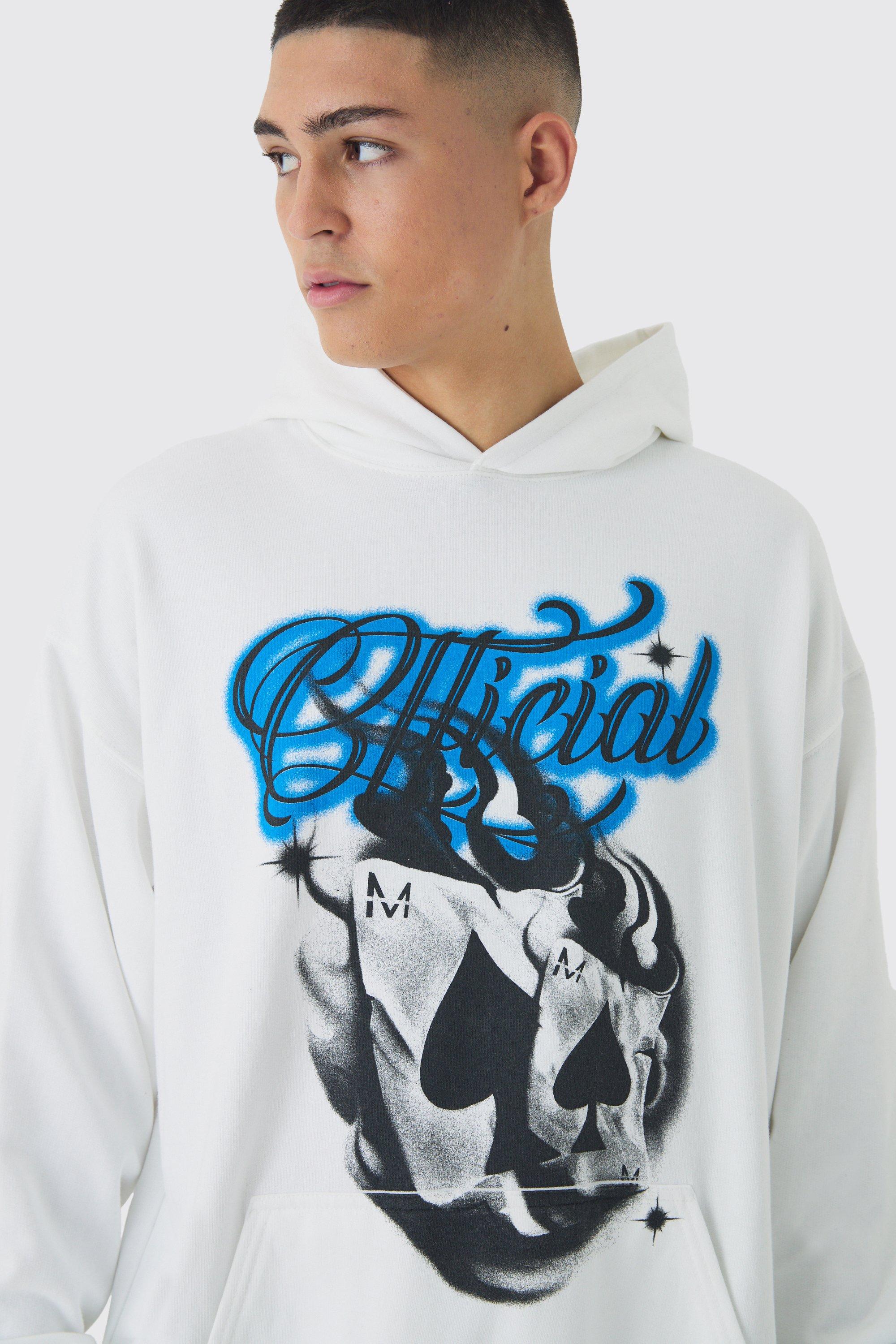 White and blue graphic hoodie sale
