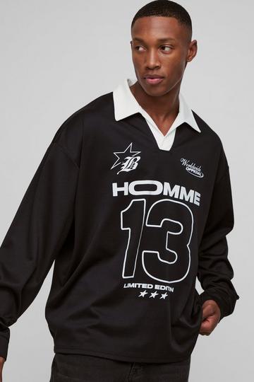 Black Oversized Moto Graphic Long Sleeve Rugby Polo