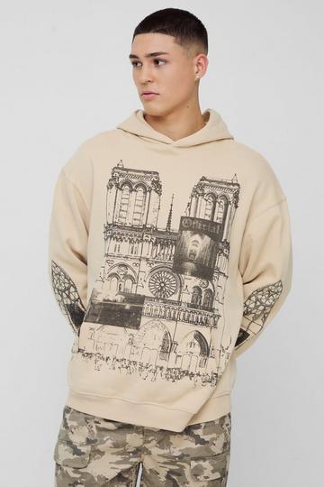 Sand Beige Oversized Line Drawing Landscape Graphic Hoodie