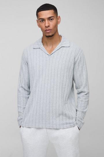 Geborstelde Geribbelde Polo Met Revers Kraag En Lange Mouwen light grey