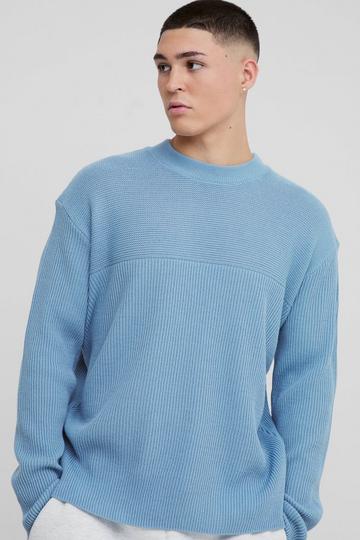 Relaxed Fit Extended Neck Ribbed Knit Panel Jumper light blue