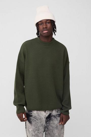 Relaxed Fit Extended Neck Waffle Knit Dropped Shoulder Jumper olive