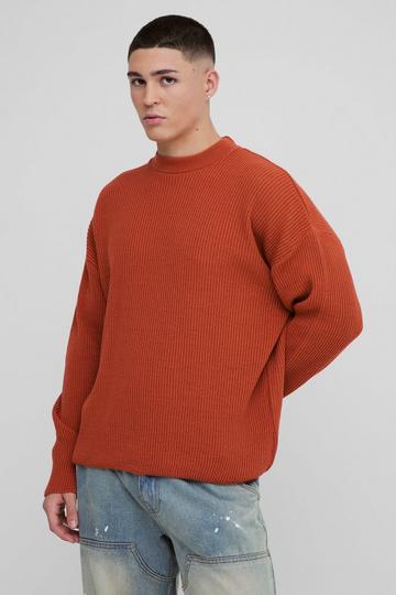 Relaxed Fit Extended Neck Waffle Knit Dropped Shoulder Jumper rust