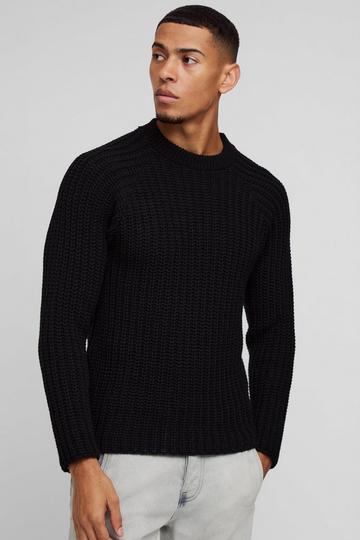 Black Regular Fit Raglan Detail Ribbed Crew Neck Knit Jumper