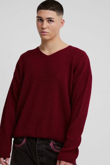 Boxy V Neck Waffle Knit Jumper burgundy