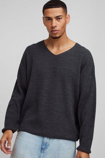 Oversized Geribbelde Gebreide Drop Shoulder Trui Met V-Hals charcoal