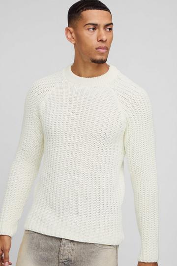 Regular Fit Raglan Detail Ribbed Crew Neck Knit Jumper ecru