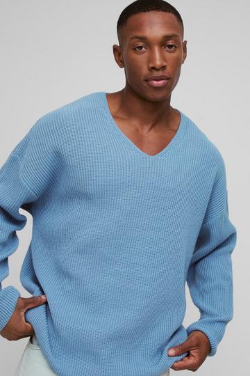 Oversized Dropped Shoulder Ribbed V Neck Knit Jumper light blue