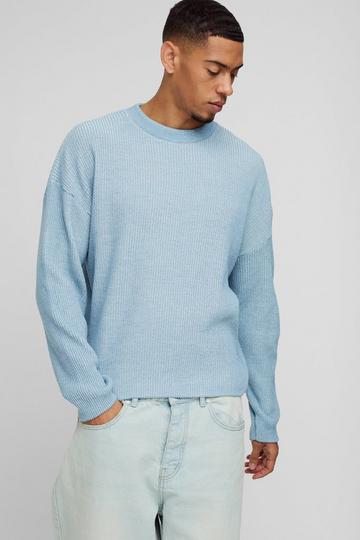 Boxy Crew Neck Dropped Shoulder Plated Ribbed Knit Jumper light blue