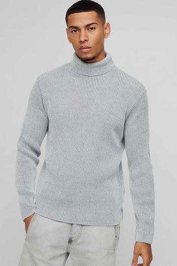 Grey Regular Fit Funnel Neck Plated Ribbed Knit Jumper