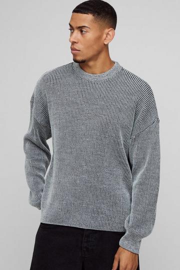 Black Boxy Crew Neck Dropped Shoulder Plated Ribbed Knit Jumper