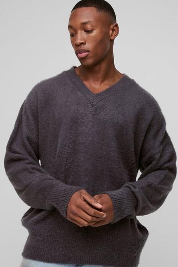 Oversized Gebreide Pluizige Drop Shoulder Trui Met V-Hals charcoal