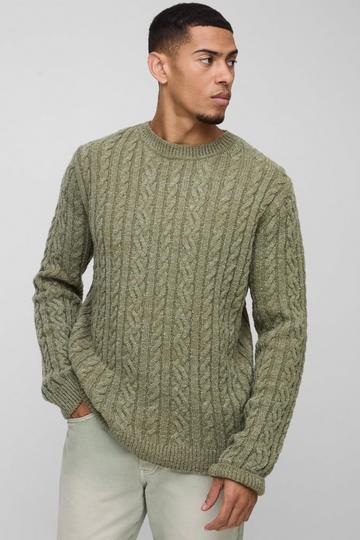 Regular Fit Boucle Cable Knit Crew Neck Jumper olive