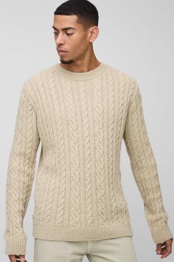 Stone Beige Regular Fit Boucle Cable Knit Crew Neck Jumper