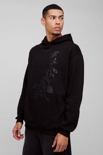 Oversized Floral Puff Print Hoodie black