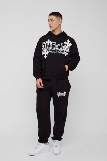 Oversized Boxy Cross Printed Hooded Tracksuit black