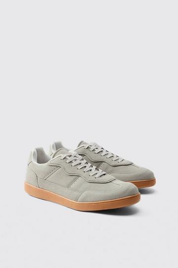 Faux Suede Trainer In Grey with white detail grey