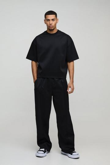 Oversized Boxy Bonded Scuba T-Shirt & Stacked Jogger Tracksuit black