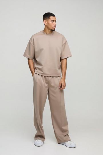 Oversized Boxy Bonded Scuba T-Shirt & Stacked Jogger Tracksuit taupe