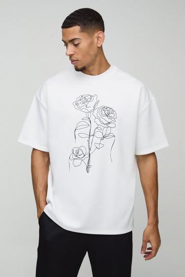 Oversized Floral Line Drawing Scuba T-Shirt ecru