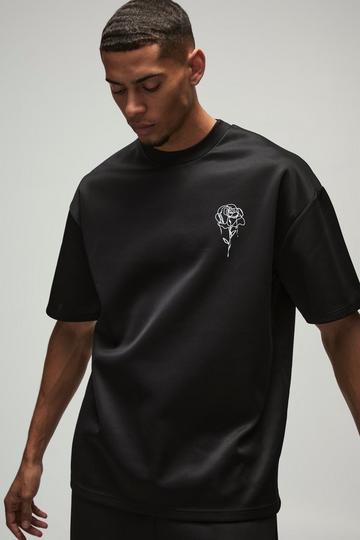 Oversized Scuba T-Shirt Met Bloemen Lijntekening black