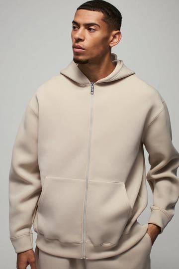 Stone Beige Oversized Zip Through Bonded Scuba Hoodie