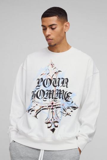 Oversized Pour Homme Gothic Cross Graphic Sweatshirt white