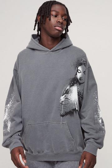 Charcoal Grey Oversized Washed Renaissance Overseams Graphic Hoodie