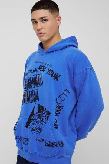 Oversized Washed New York Graphic Hoodie cobalt