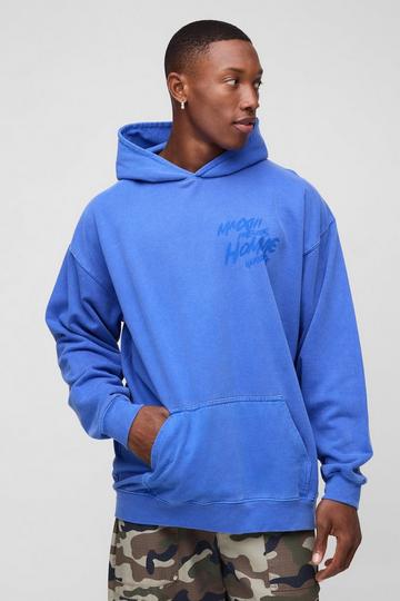 Oversized Washed Homme Graffiti Graphic Hoodie cobalt