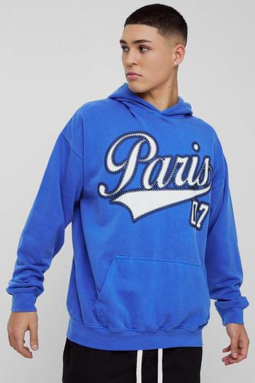 Oversized Puff Print Paris Washed Hoodie cobalt