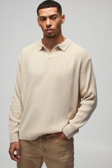 Oversized Ribbed Revere Neck Knitted Polo stone