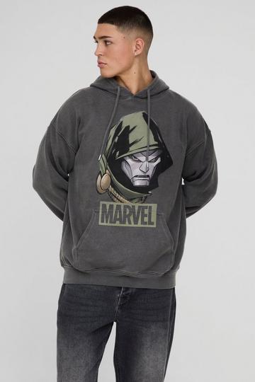 Charcoal Grey Oversized Wash Marvel Dr Doom License Print Hoodie