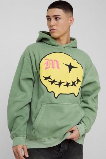 Oversized Puff Print Smiley Graphic Washed Hoodie khaki