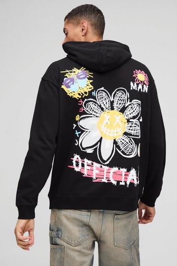 Oversized Floral Doodle Graphic Hoodie black