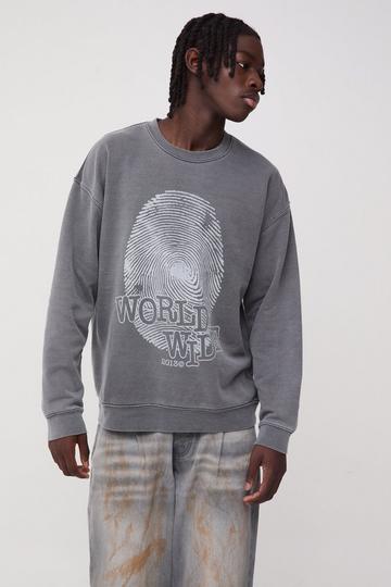 Charcoal Grey Oversized Finger Print Worldwide Graphic Sweatshirt