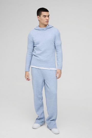 Blue Regular Fit Brushed Knit Hoodie Split Hem Tracksuit