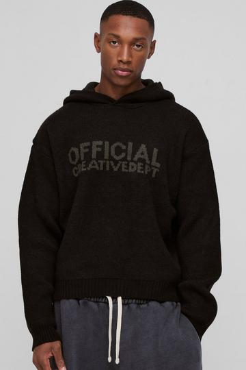 Oversized Boxy Official Slogan Knit Hoodie black