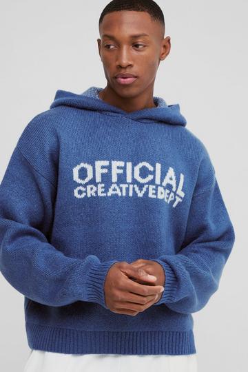 Oversized Boxy Official Slogan Knit Hoodie slate blue