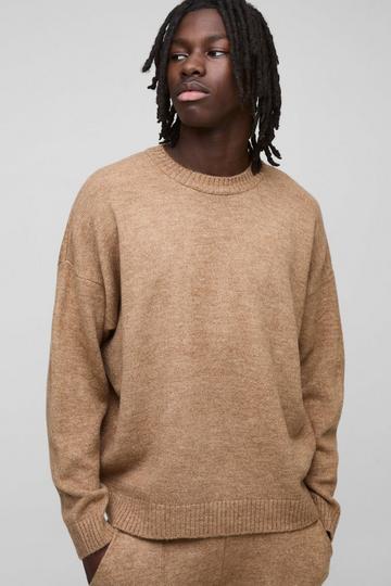 Brown Oversized Boxy Extended Neck Brushed Knit Jumper