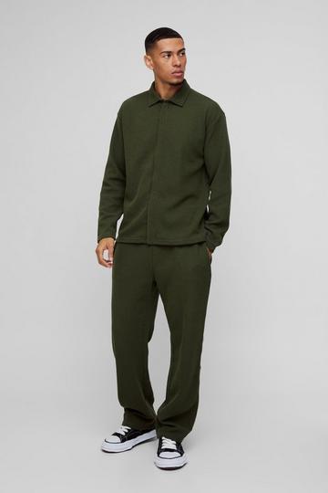 Oversized Two-tone Zip Ribbed Jersey Shirt & Straight Jogger Set khaki