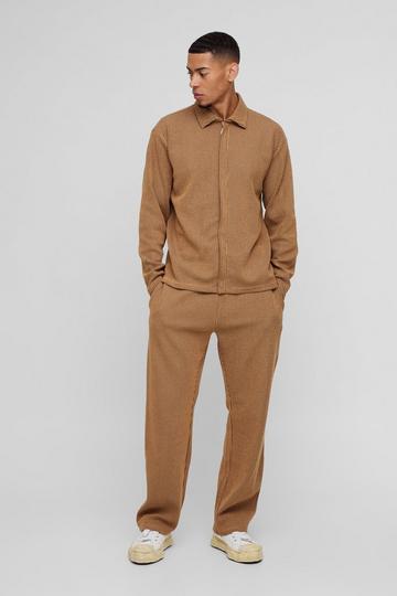 Oversized Two-tone Zip Ribbed Jersey Shirt & Straight Jogger Set camel