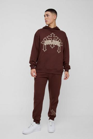 Chocolate Brown Oversized Worldwide Gothic Cross Hoodie & Regular Fit Jogger Tracksuit