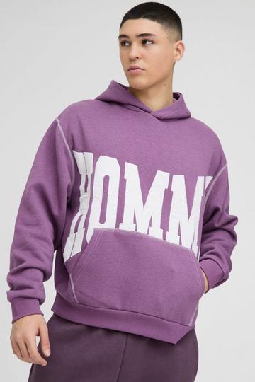 Oversized Boxy Twill Applique Contrast Stitch Hoodie purple