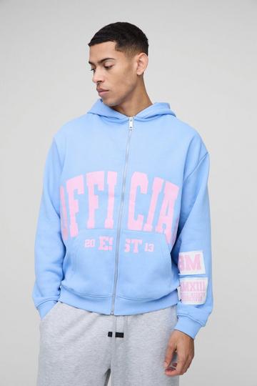 Oversized Official Raw Edge Applique Badge Zip Through Hoodie blue