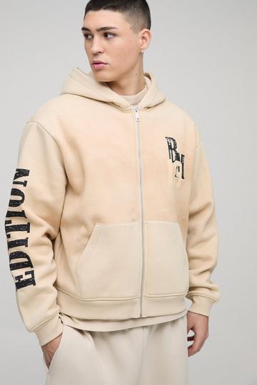 Stone Beige Oversized Boxy Zip Through Spray Wash Official Moto Hoodie