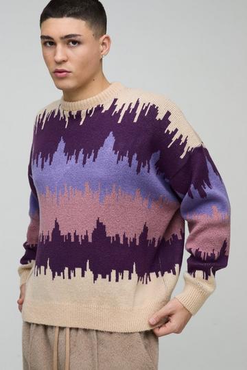 Oversized Boxy Dropped Shoulder Brushed Abstract Knitted Jumper brown