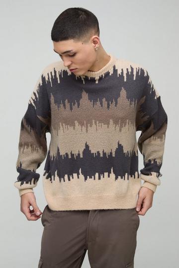 Oversized Boxy Dropped Shoulder Brushed Abstract Knitted Jumper khaki